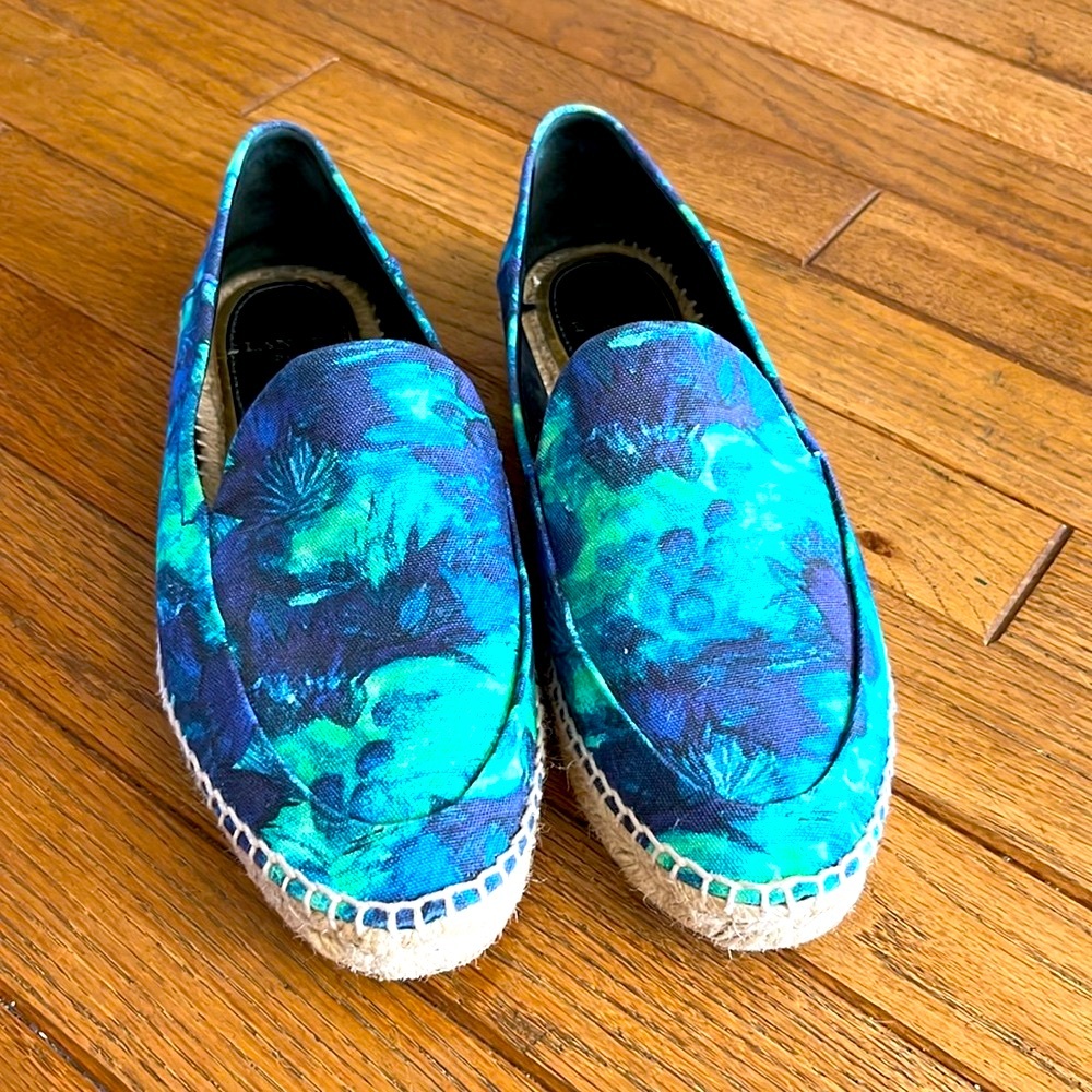 Lanvin Paris canvas espadrille in vivid blue green with padded woven platform.